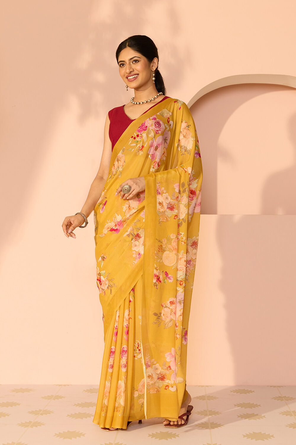 Yellow Printed Viscose Crepe Saree image number null