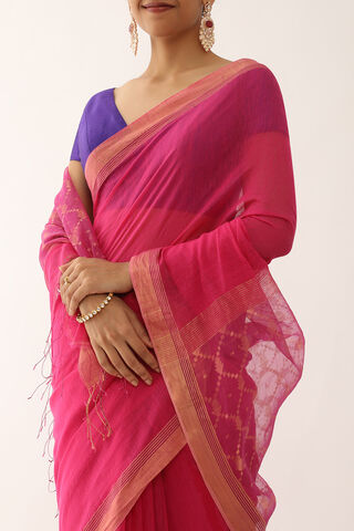 Pink Woven Pure Silk Cotton Bengali Saree thumbnail image number null