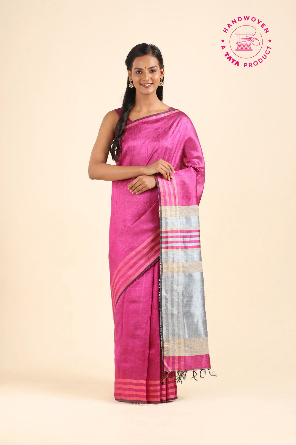 Dark Pink Pure Tussar Silk Bhagalpuri Saree image number null