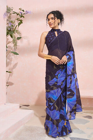 Dark Blue Printed Viscose Organza Kantha Saree