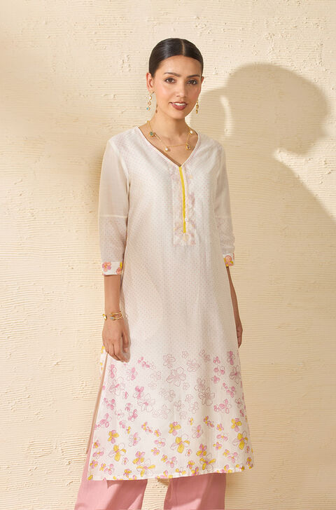 Off White Pure Silk Cotton Printed Sanganeri Kurta