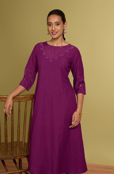 Violet Cotton Viscose Mukaish Kurta