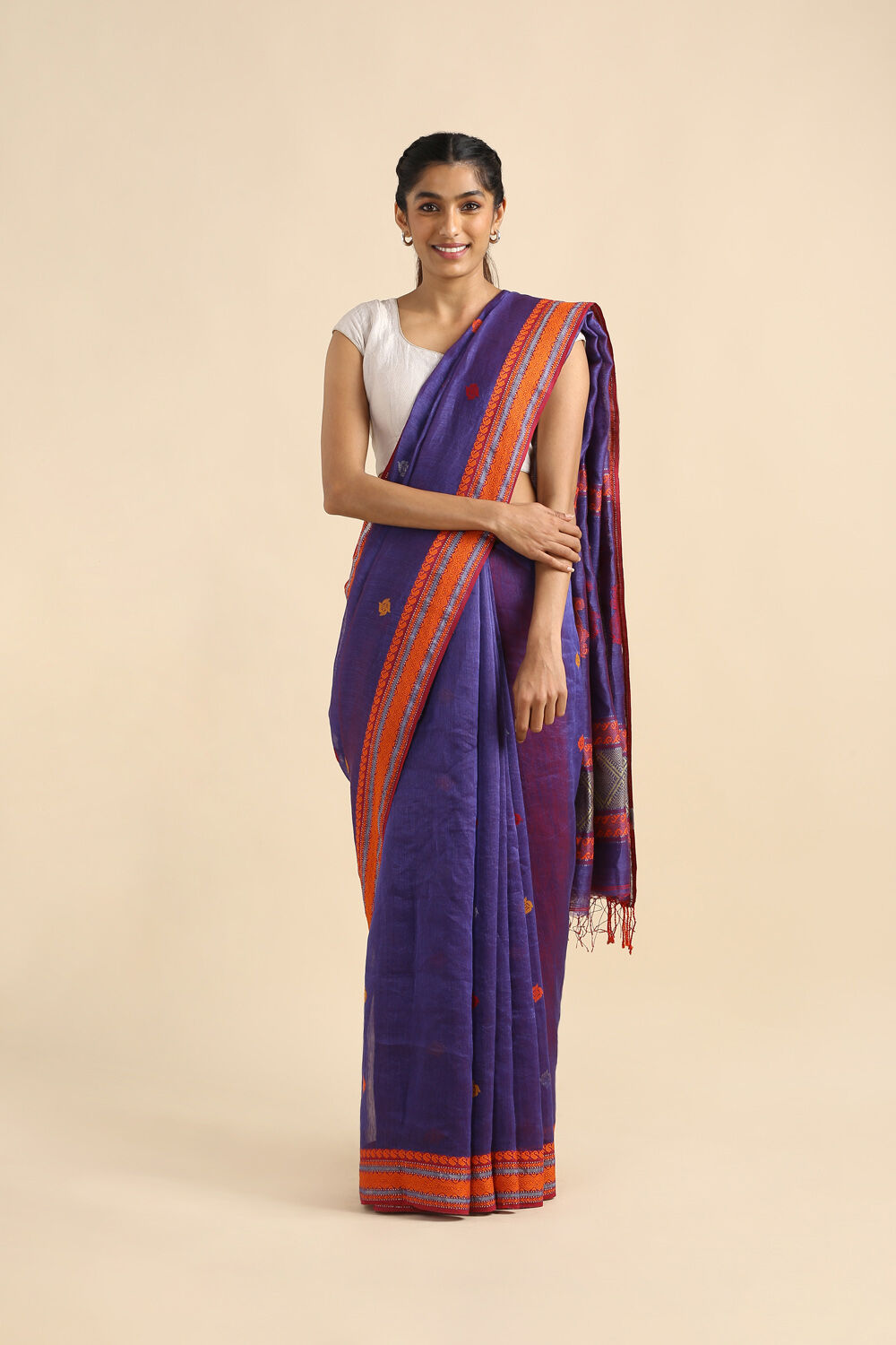Purple Pure Silk Linen Bengal Saree image number null