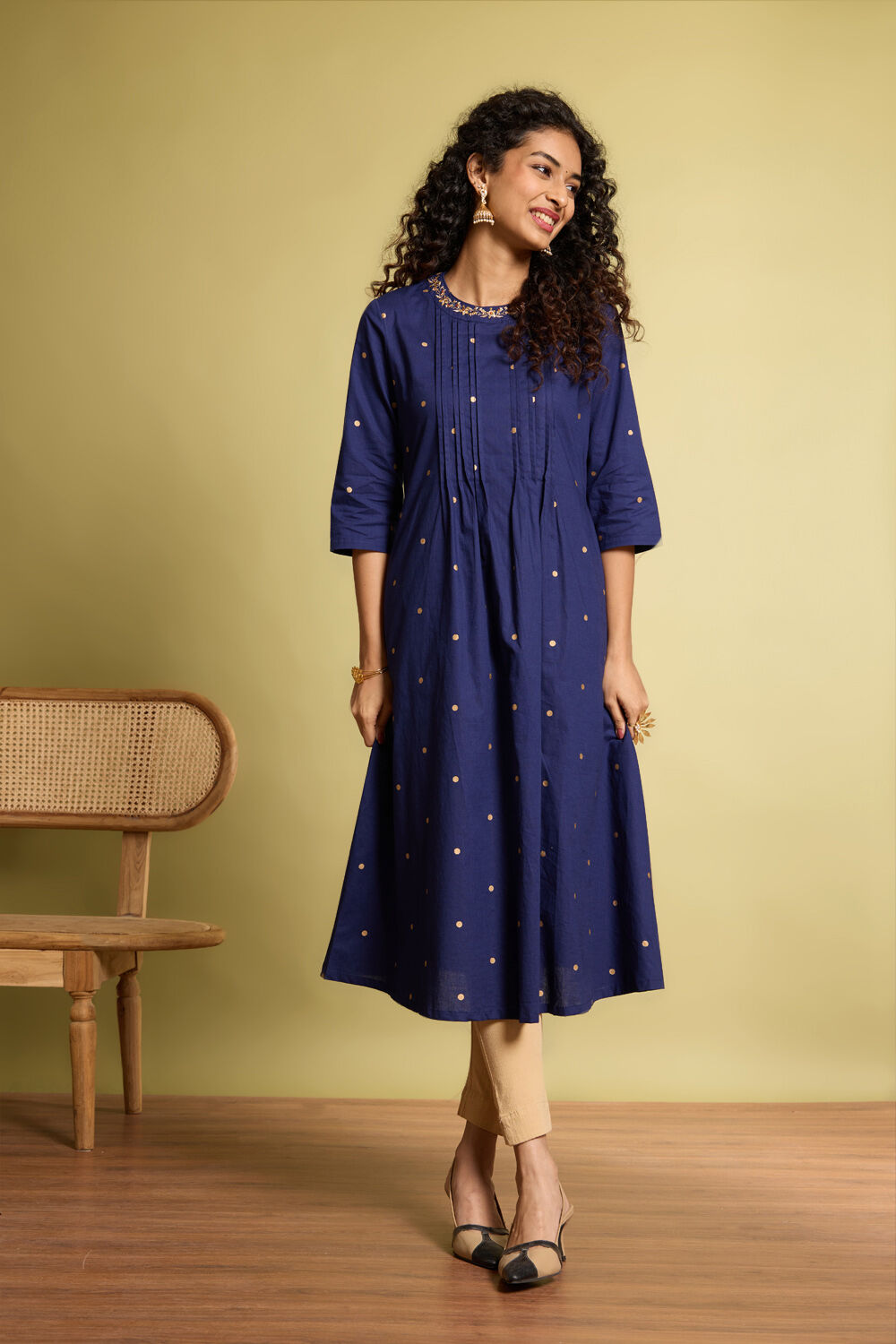 Dark Blue Embroidered Pure Cotton Kurta image number null