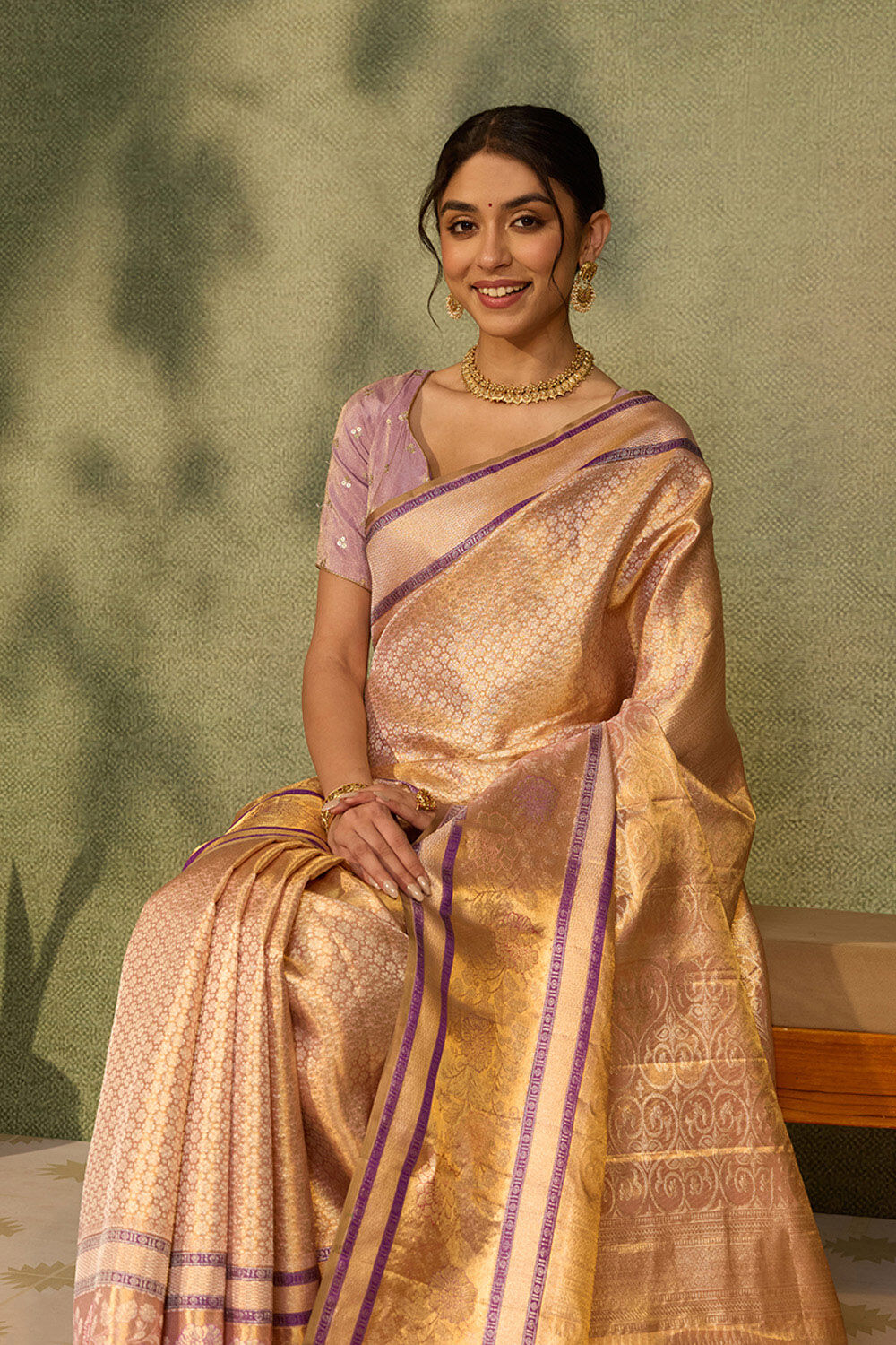 Light Pink Pure Silk Tissue Woven Kanjivaram Saree image number null