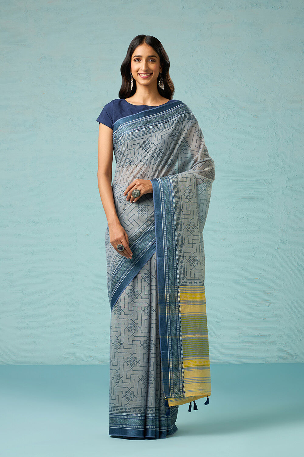 Blue Pure Cotton Block Printed Bengal Saree image number null