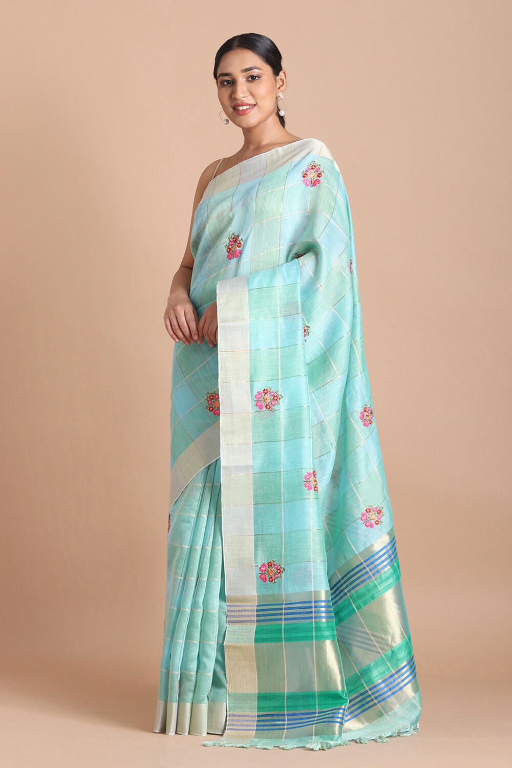 Blue Pure Embroidered Saree image number null