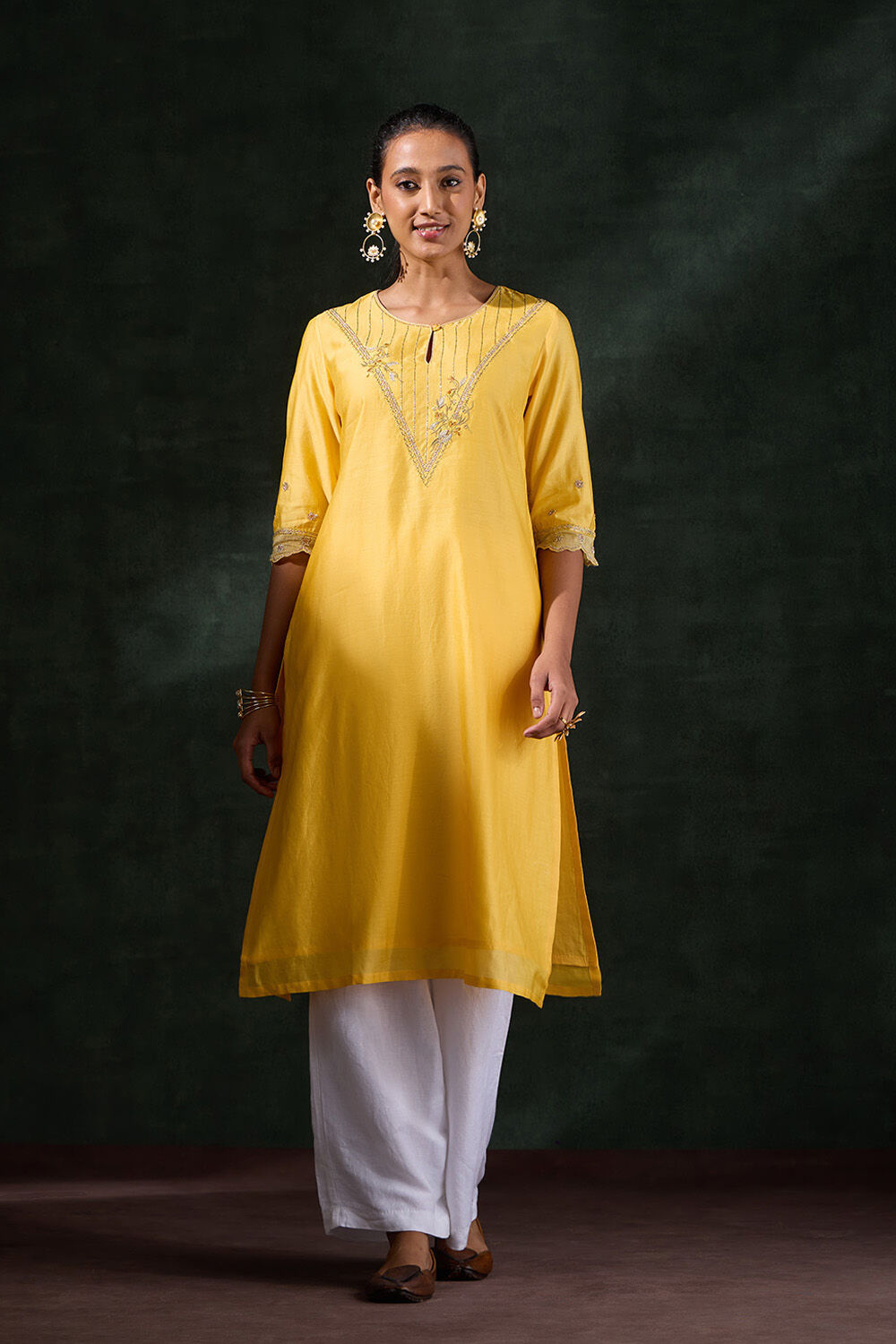 Yellow Pure Silk Cotton Embroidered Kurta image number null