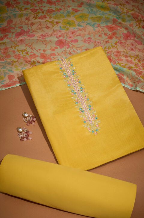 Yellow Viscose Embroidered Unstitched Suit Set