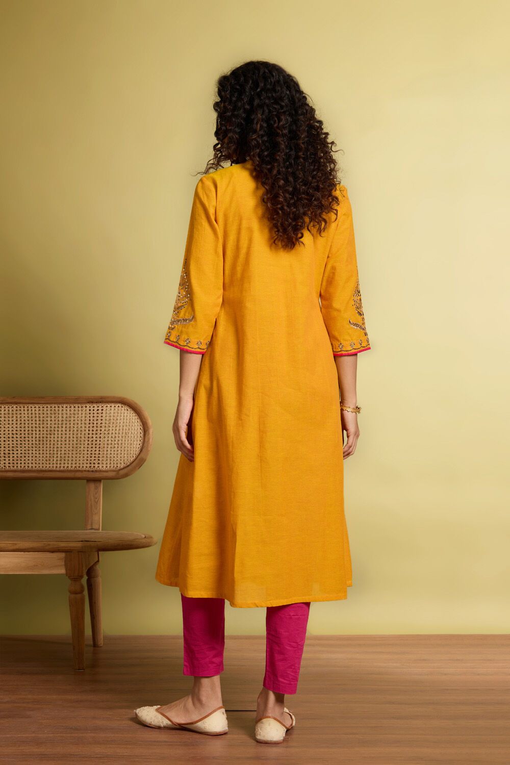Yellow Embroidered Pure Cotton Kurta image number null