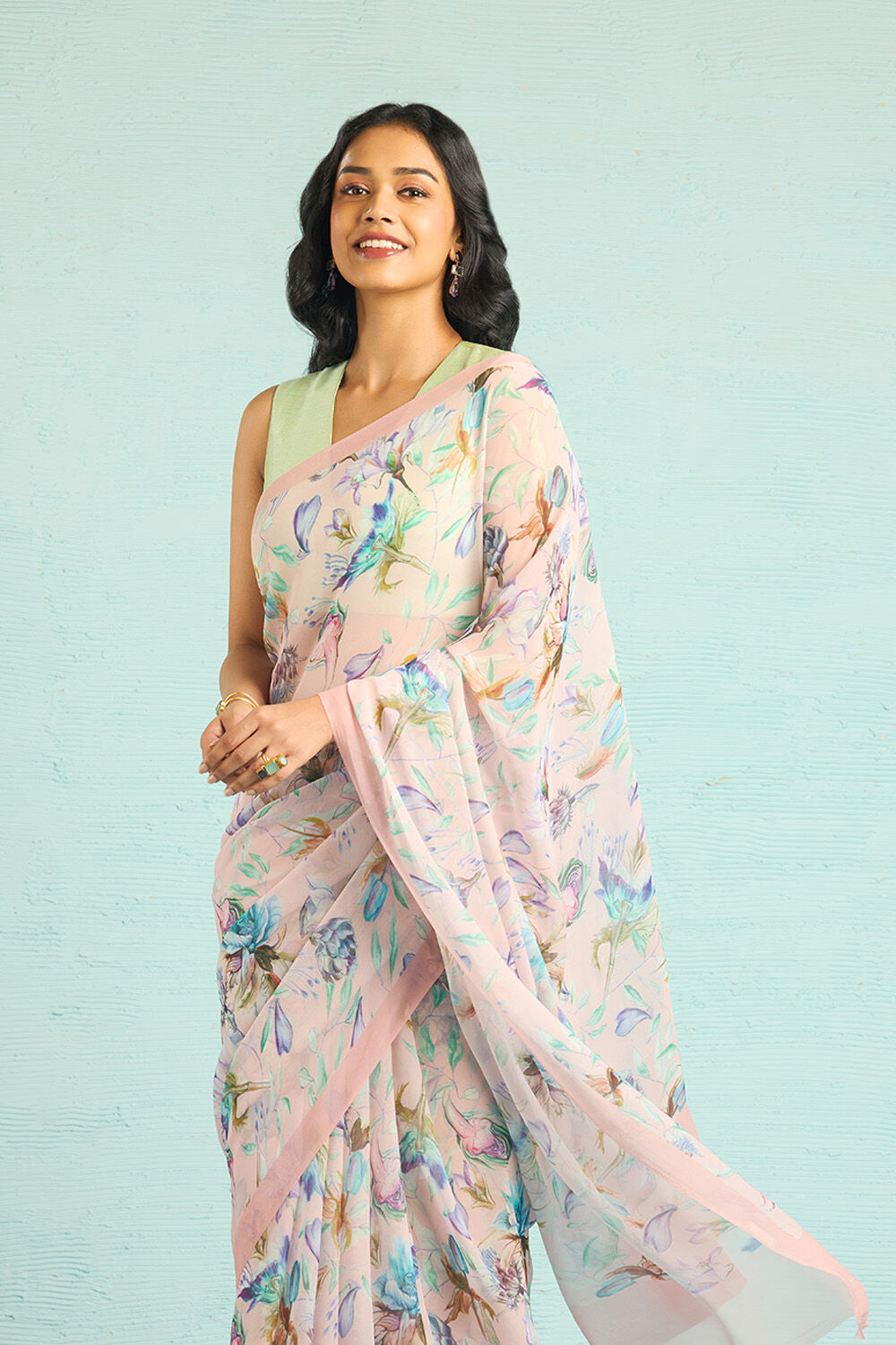 Pink Printed Viscose Georgette Saree image number null