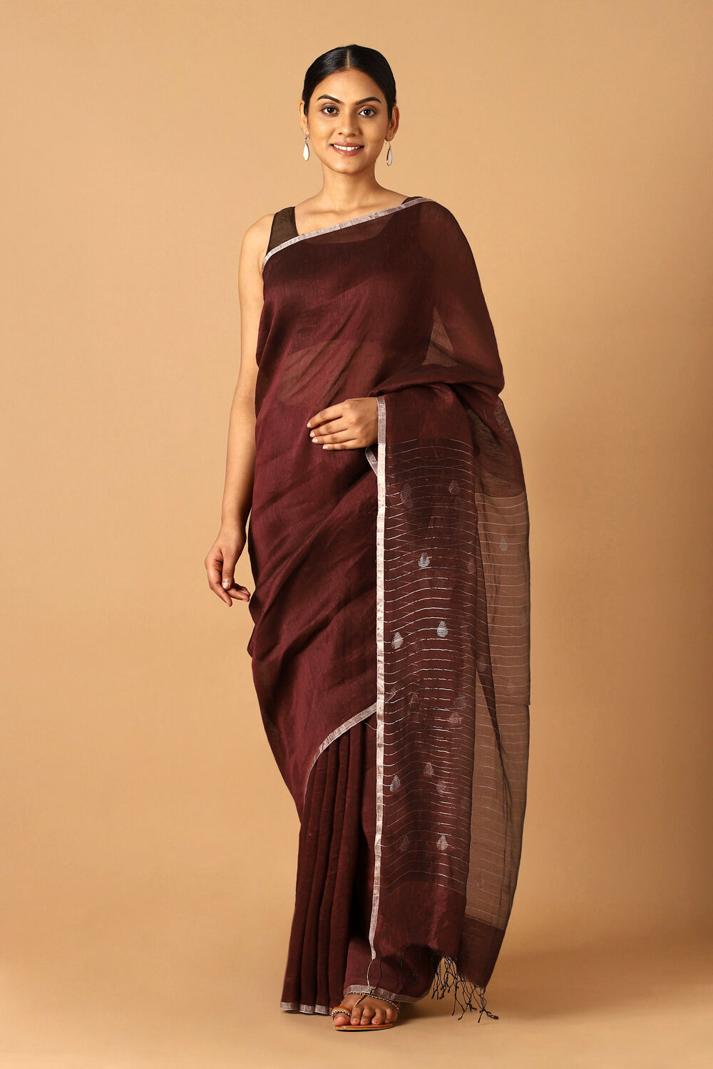 Dark Red Pure Silk Linen Jamdani Saree image number null