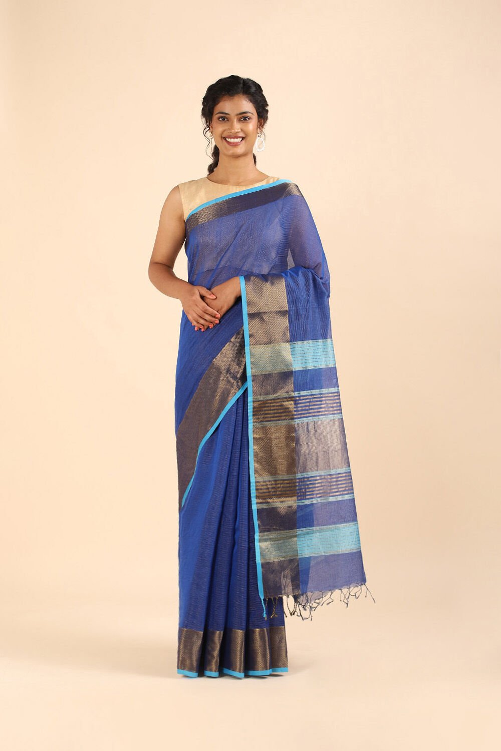 Dark Blue Pure Silk Cotton Maheswari Saree image number null