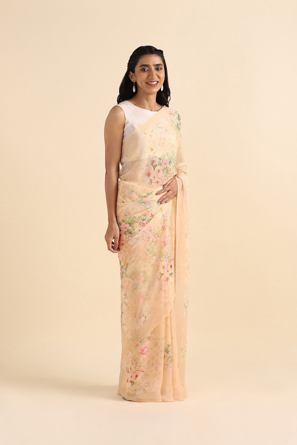 Light Orange Viscose Georgette Digital Printed Saree image number null