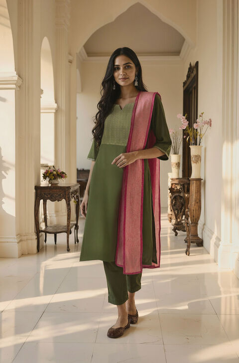 Green Brocade Pure Viscose Kurta Set