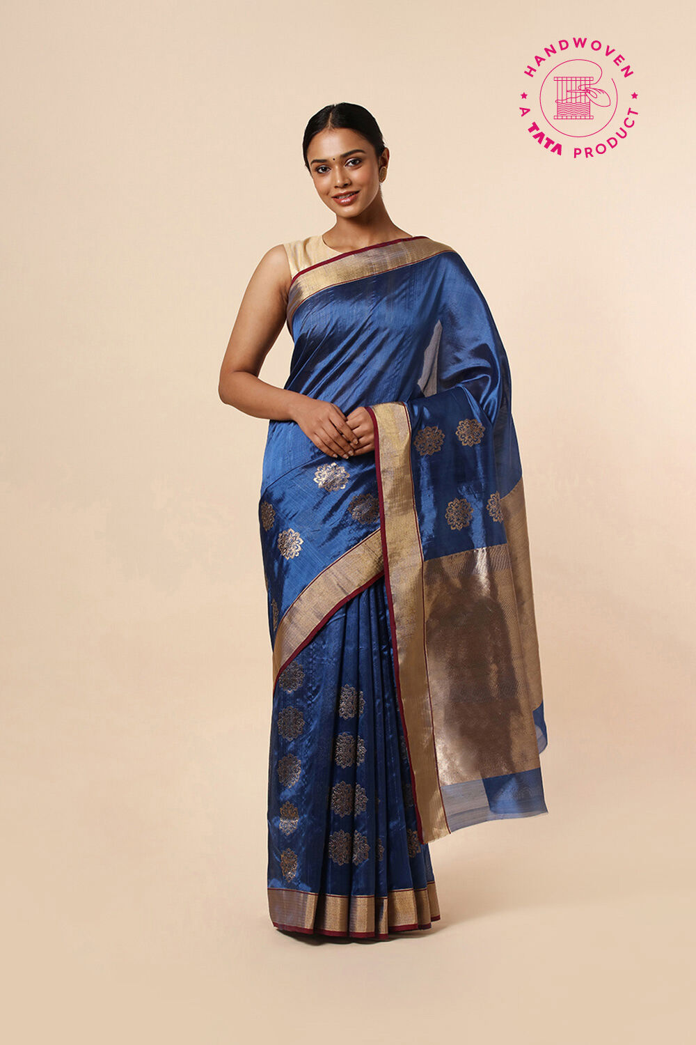 Dark Blue Pure Silk Chanderi Saree image number null