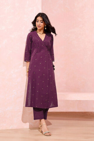 Purple Woven Pure Cotton Kurta Set image number