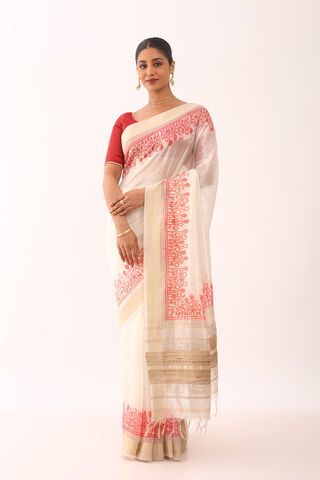 Off White Printed Embroidery Silk Tencel Bengali Saree thumbnail image number null