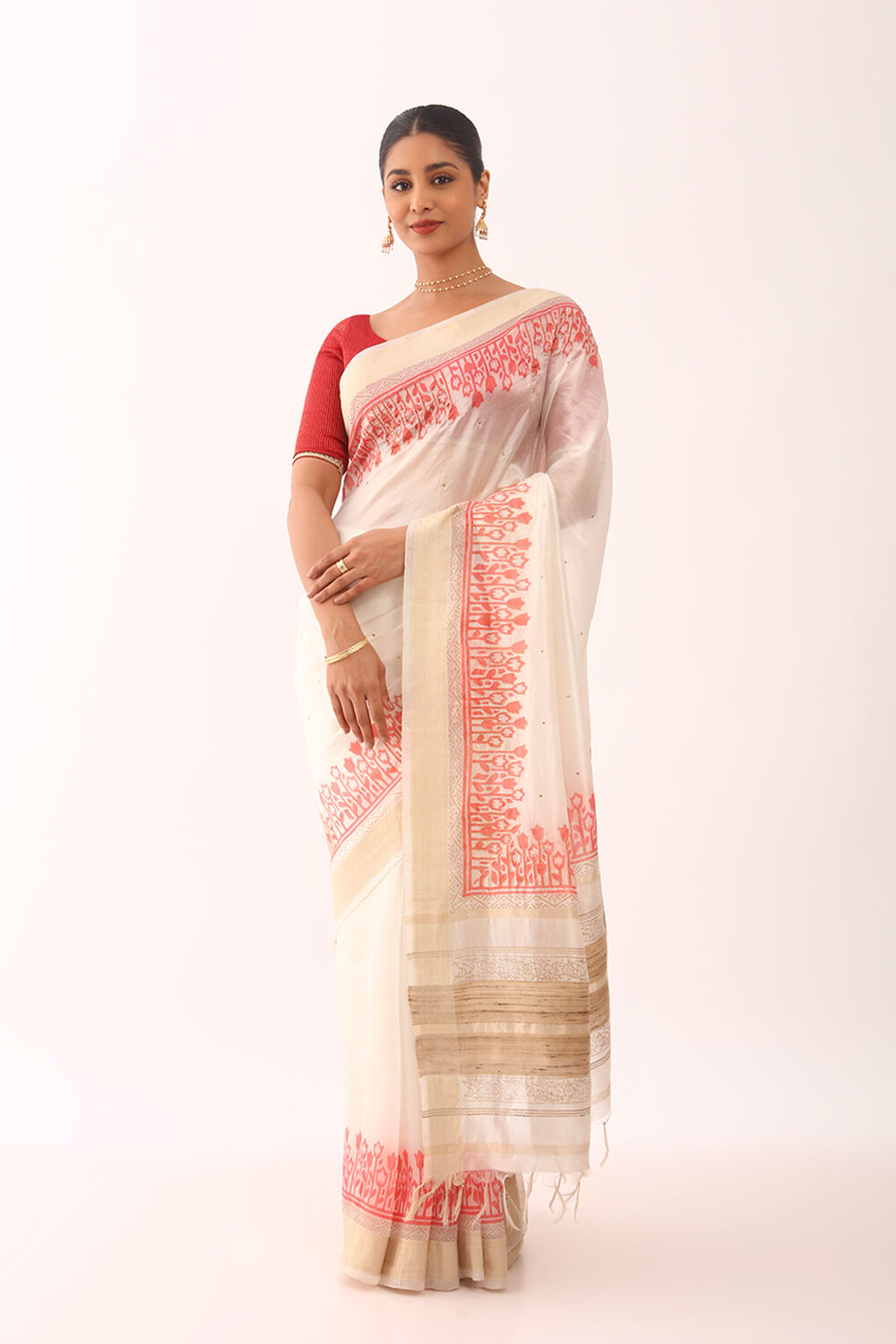Off White Printed Embroidery Silk Tencel Bengali Saree image number null