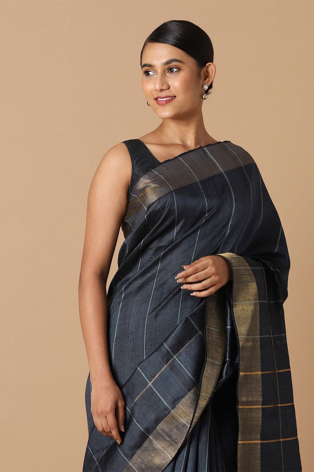 Dark Blue Pure Tussar Silk Bhagalpuri Saree image number null