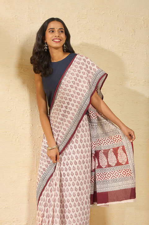 White Bagh Block Printed Pure Cotton Saree