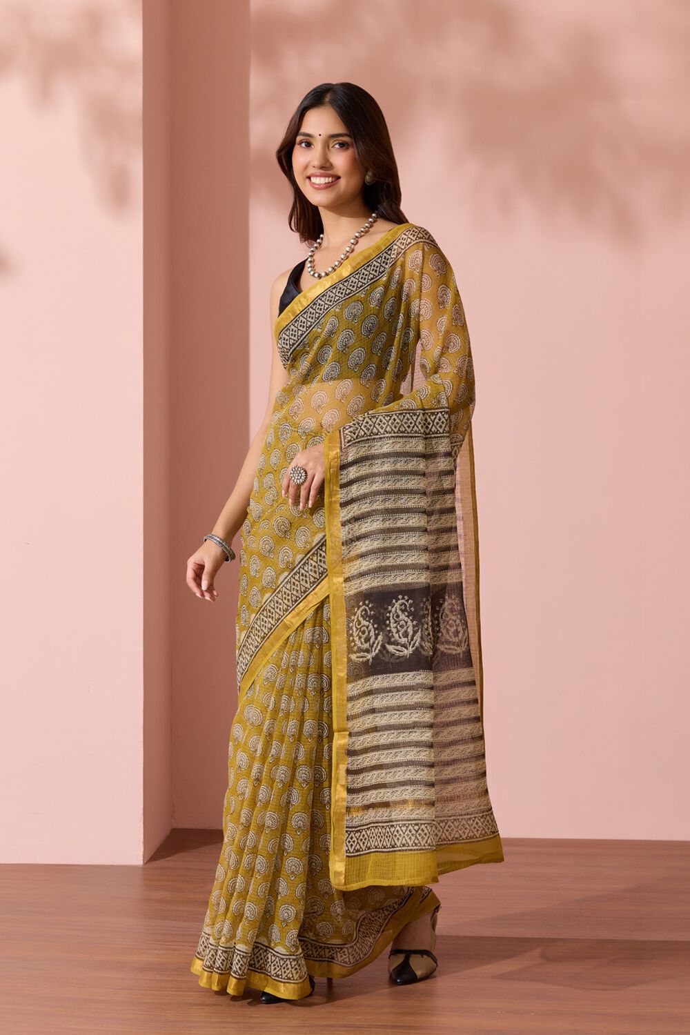 Yellow Rajasthan Bagru Block Printed Pure Cotton Kota Saree image number null