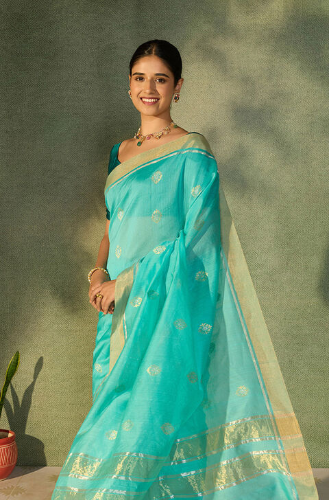 Light Blue Woven Pure Silk Cotton Chanderi Saree