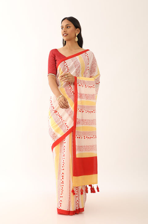 Off White Screen Printed Pure Cotton Saree
