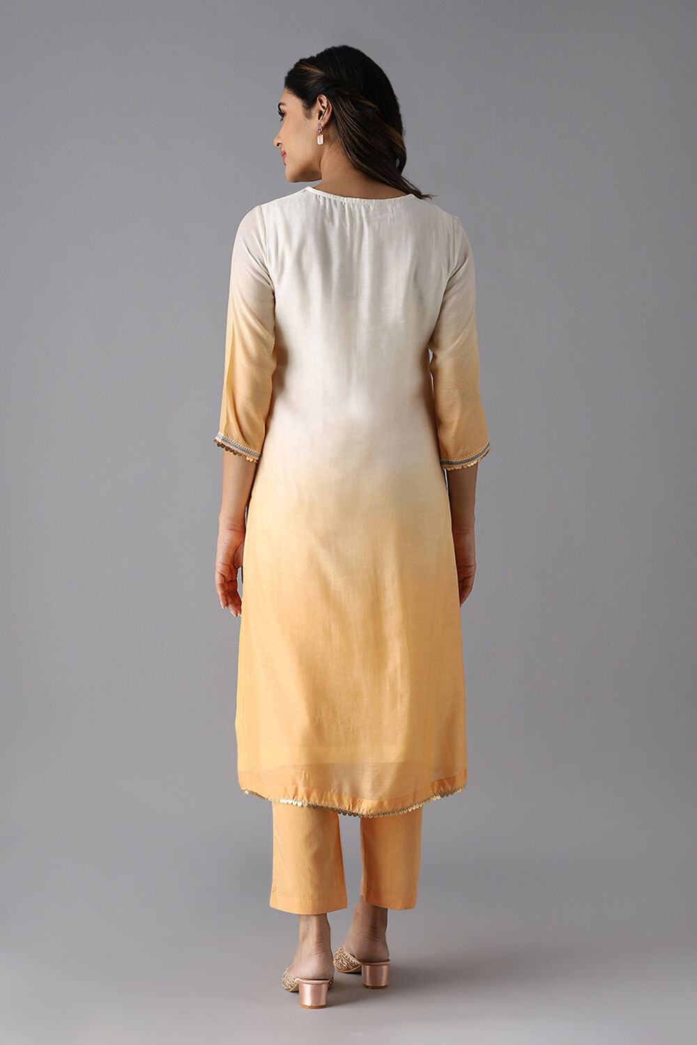 Off White and Light Orange Viscose Embroidered Kurta Set image number null