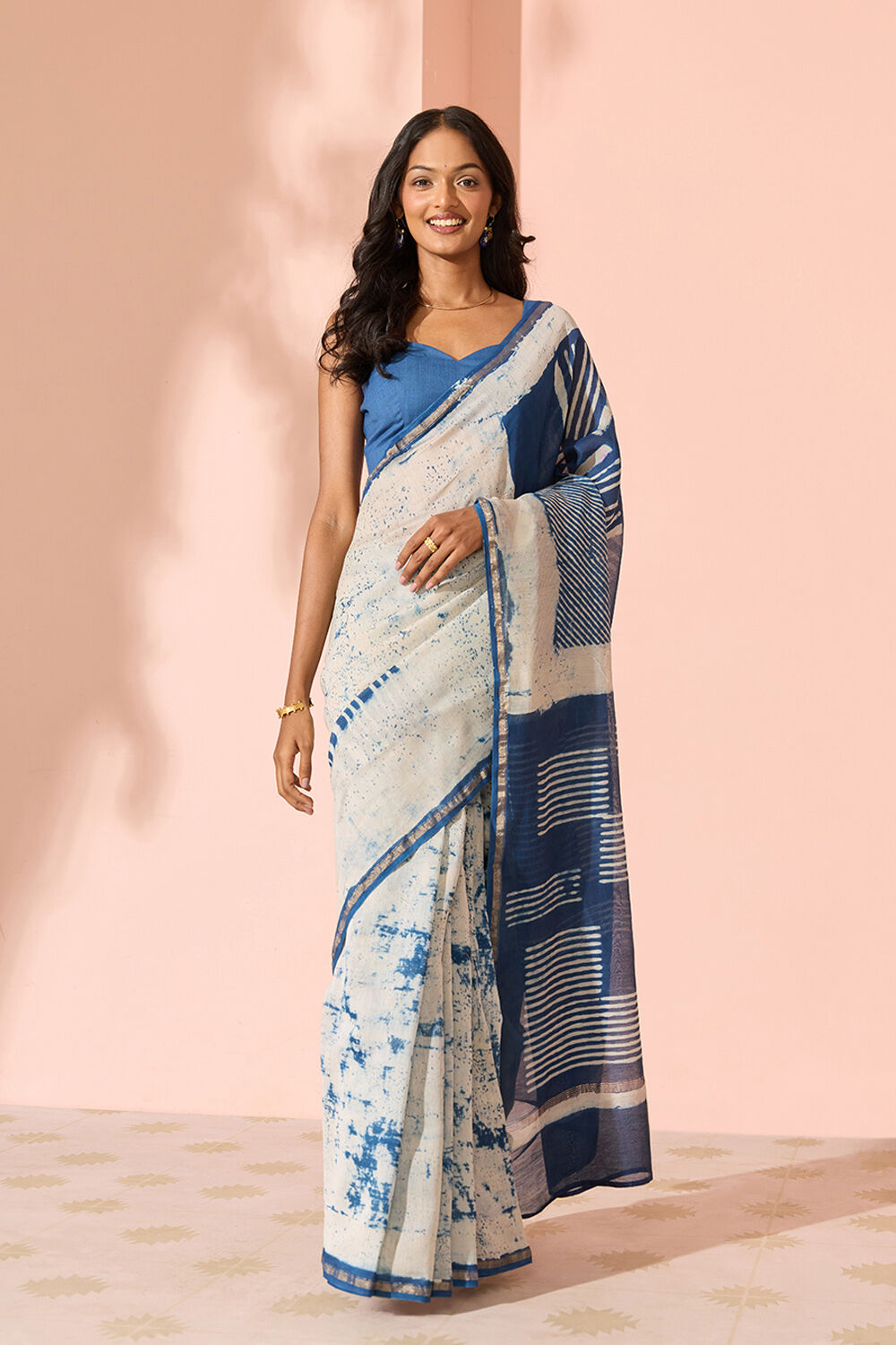 Off White Block Printed Pure Silk Cotton Rajasthan Saree image number null