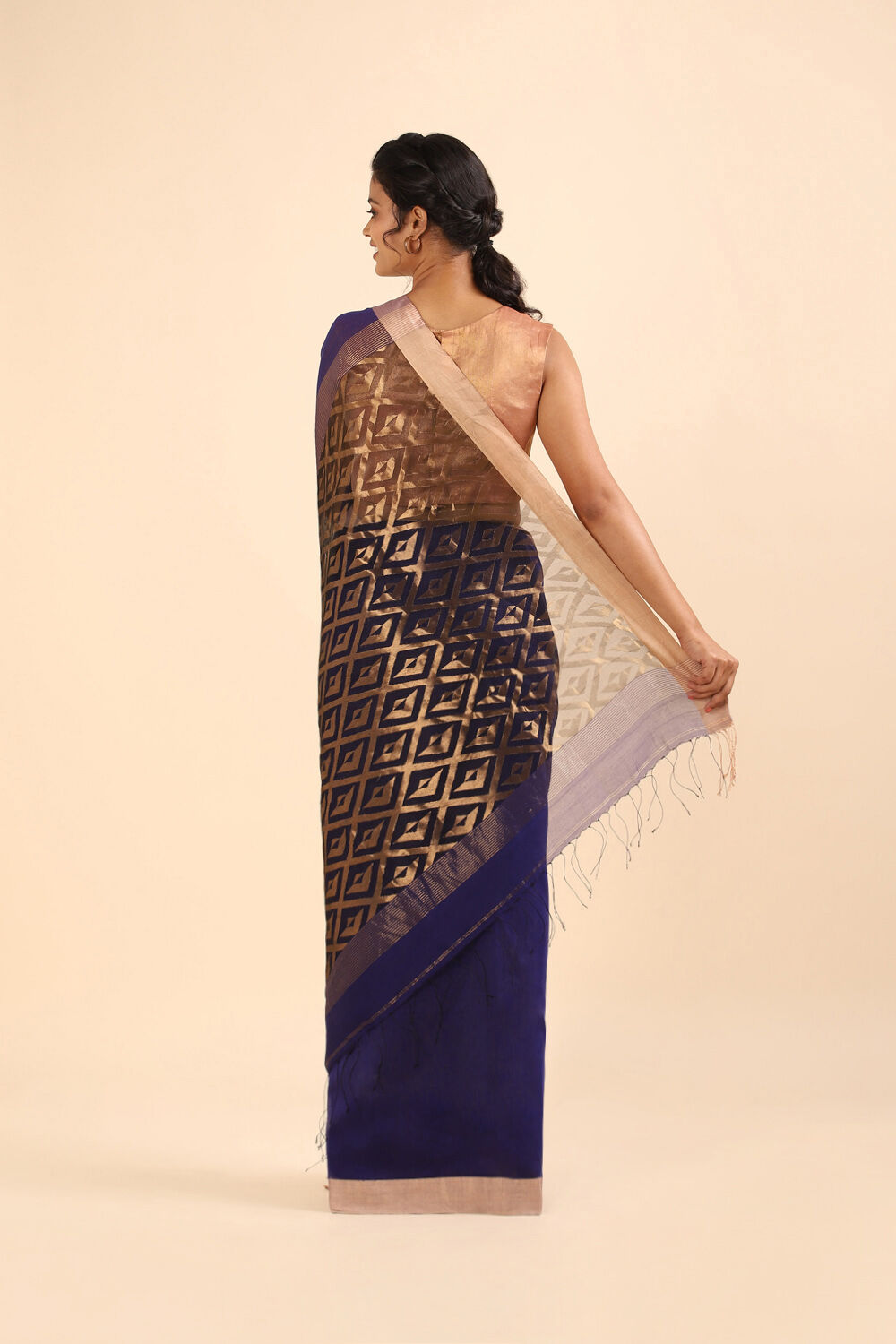 Dark Blue Pure Silk Cotton Bengal Saree image number null