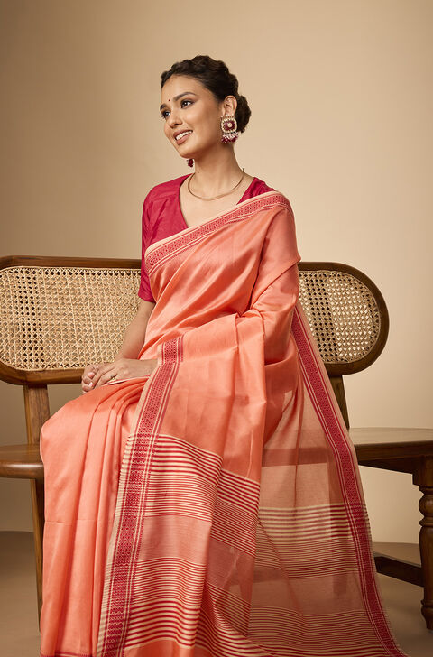 Orange Woven Pure Silk Cotton Maheshwari Saree