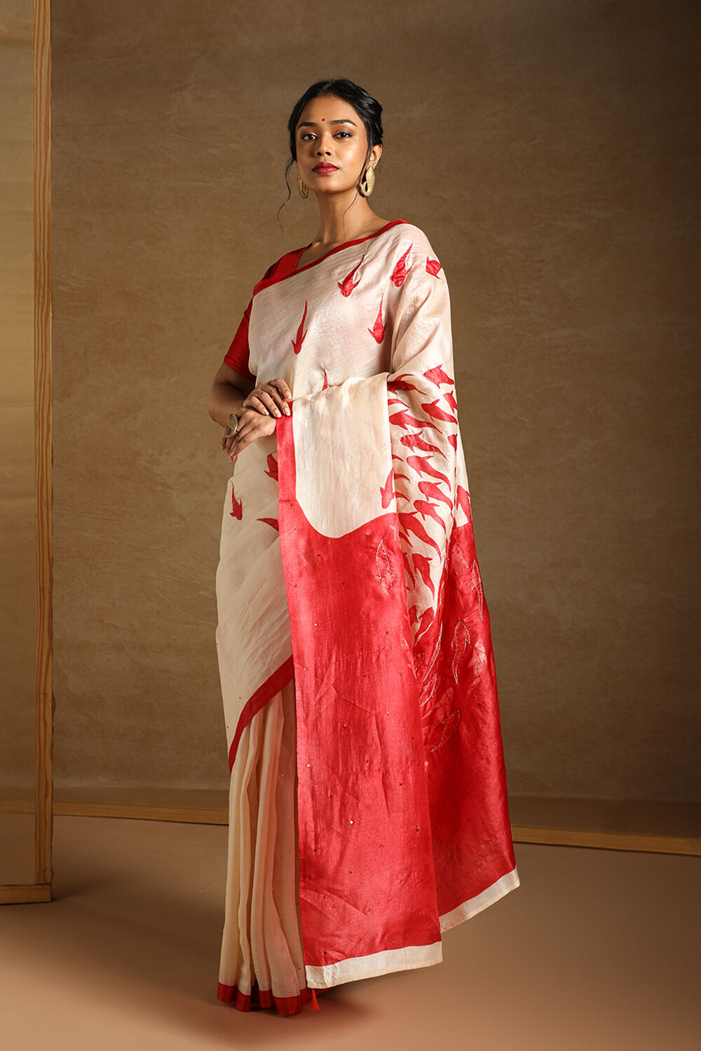 Beige Pure Tussar Silk Hand Painted Saree image number null