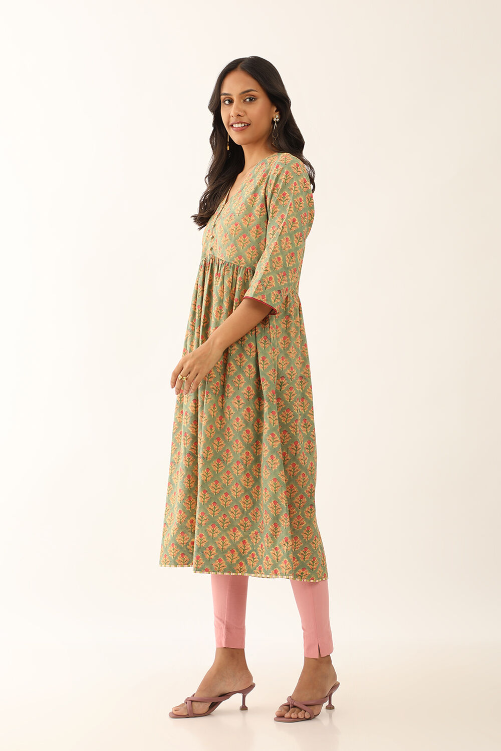 Green Pure Cotton Sanganeri Block Printed Kurta image number null