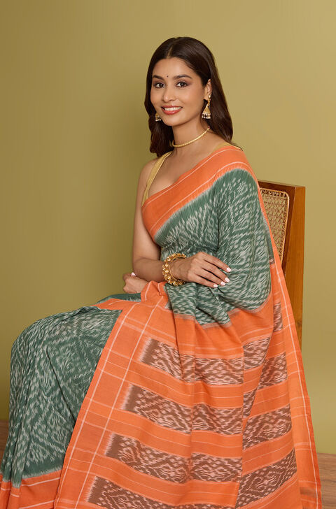 Dark Green Pure Cotton Ikat Saree