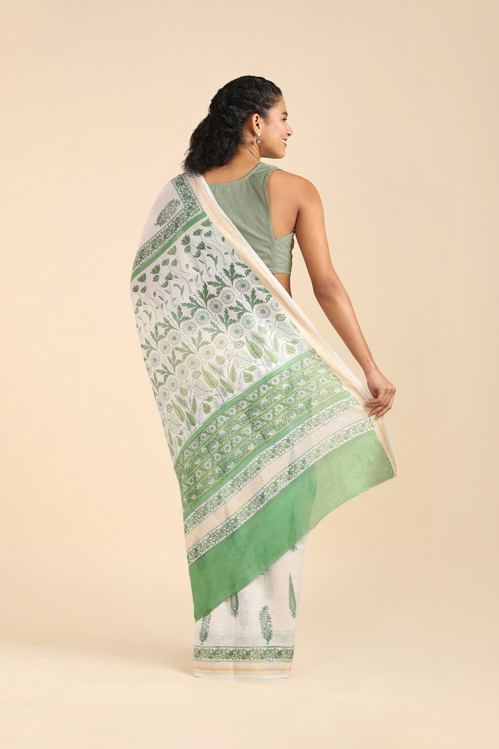 Off White Pure Silk Cotton Sanganeri Printed Saree image number null