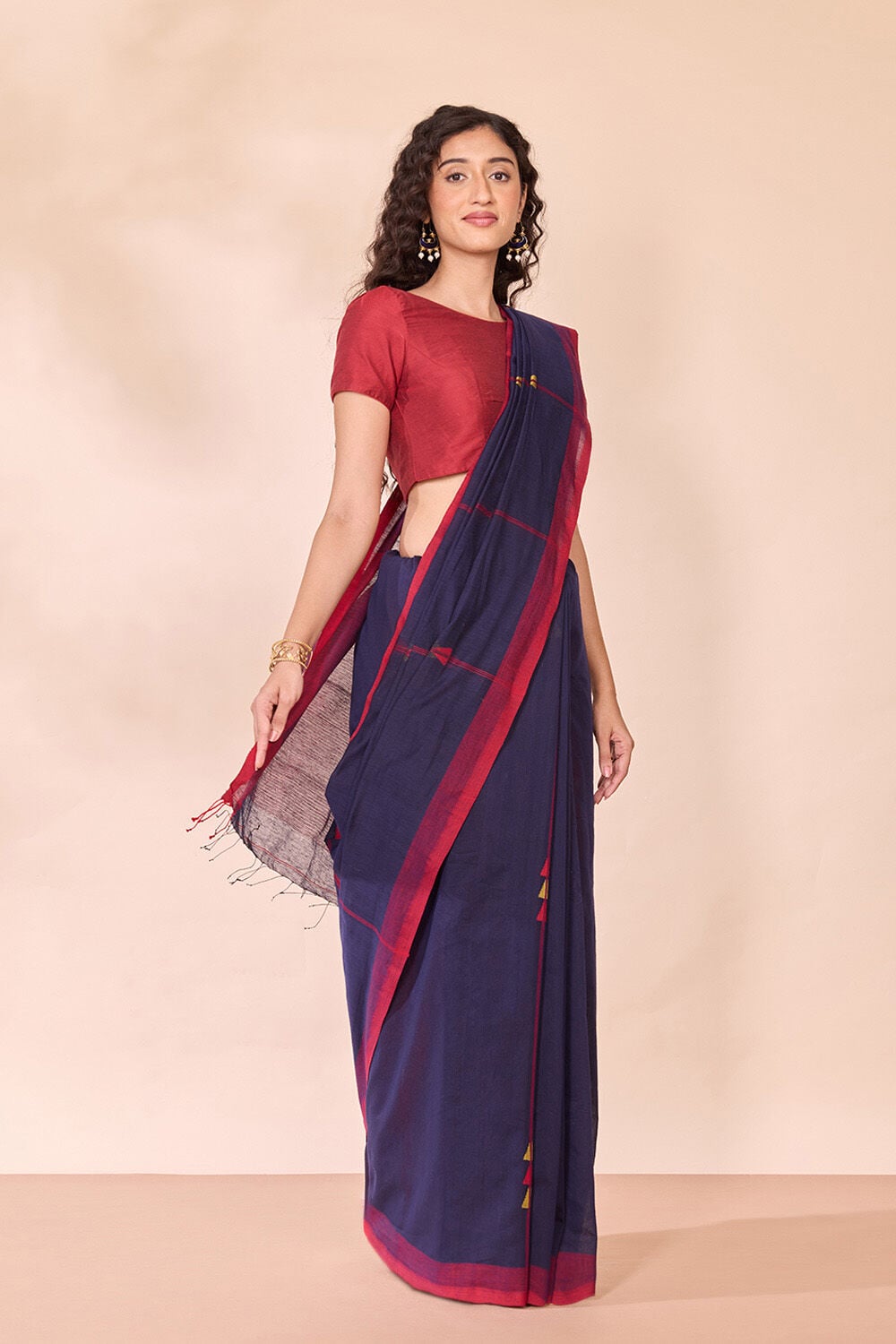 Dark Blue Bengal Pure Silk Cotton Jamdani Saree image number null