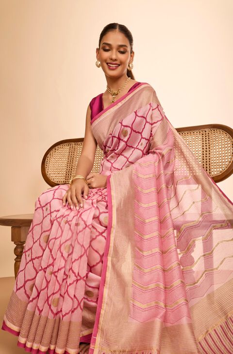 Pink Rajasthan Block Printed Pure Silk Cotton Saree