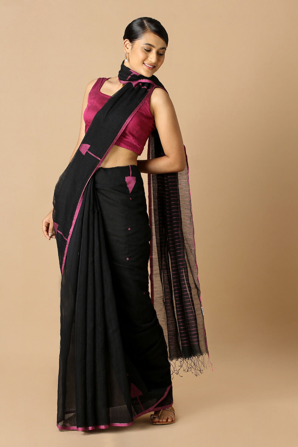 Black Pure Silk Cotton Jamdani Saree image number null