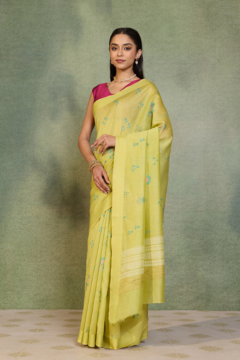 Light Green Digital Print Mukaish Pure Silk Cotton Saree image number null