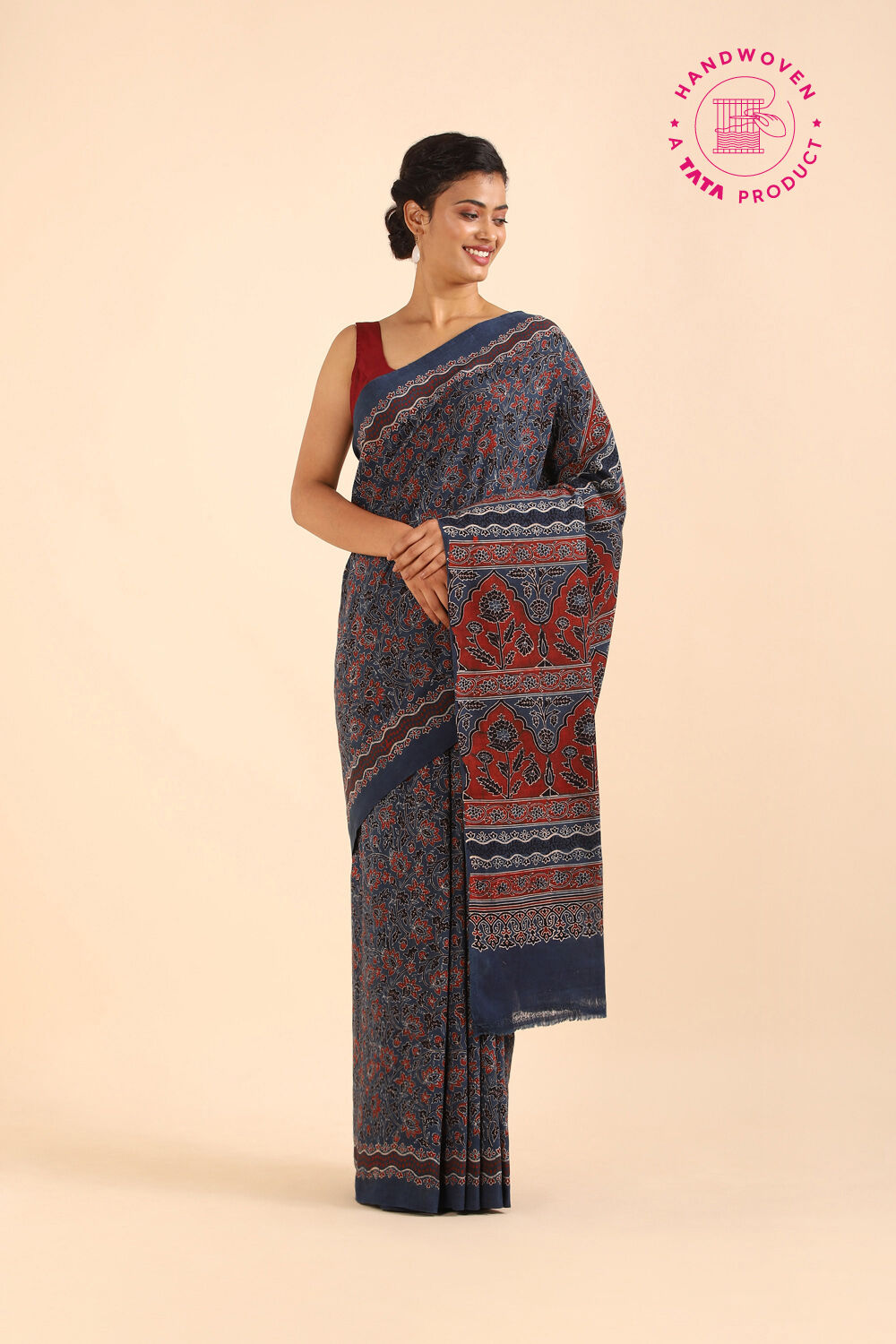 Blue Pure Khadi Cotton Ajrakh Printed Saree image number null