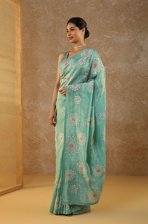 Blue Embroidered Viscose Tissue Saree