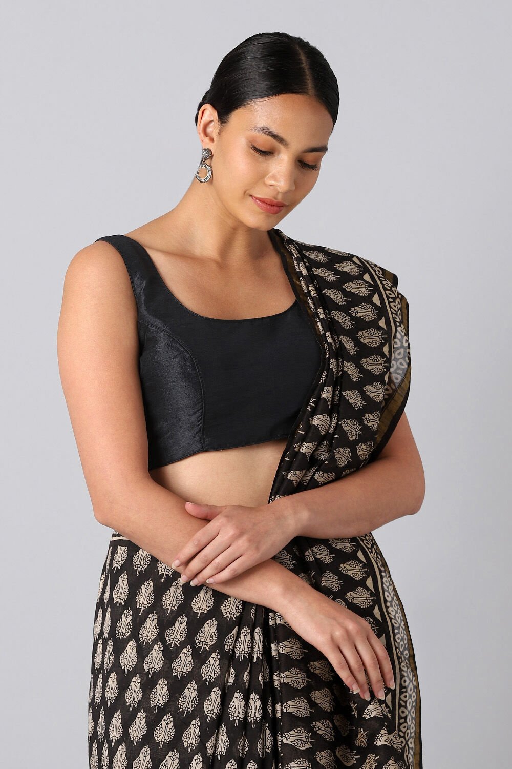 Black Pure Silk Cotton Bagru Printed Saree image number null
