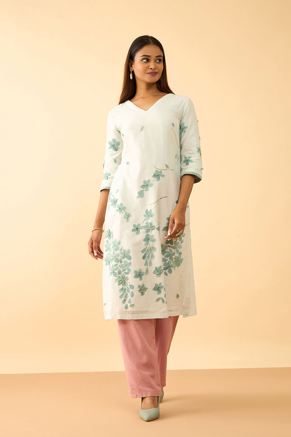 Light Blue Pure Silk Cotton Hand Painted Kurta image number null