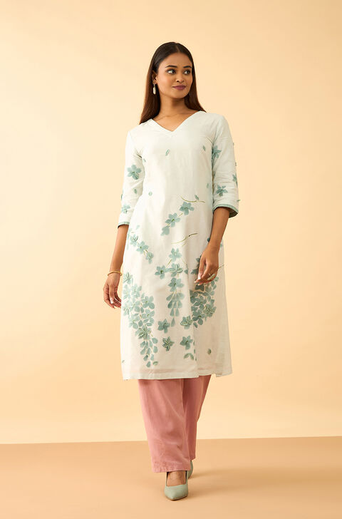 Light Blue Pure Silk Cotton Hand Painted Kurta