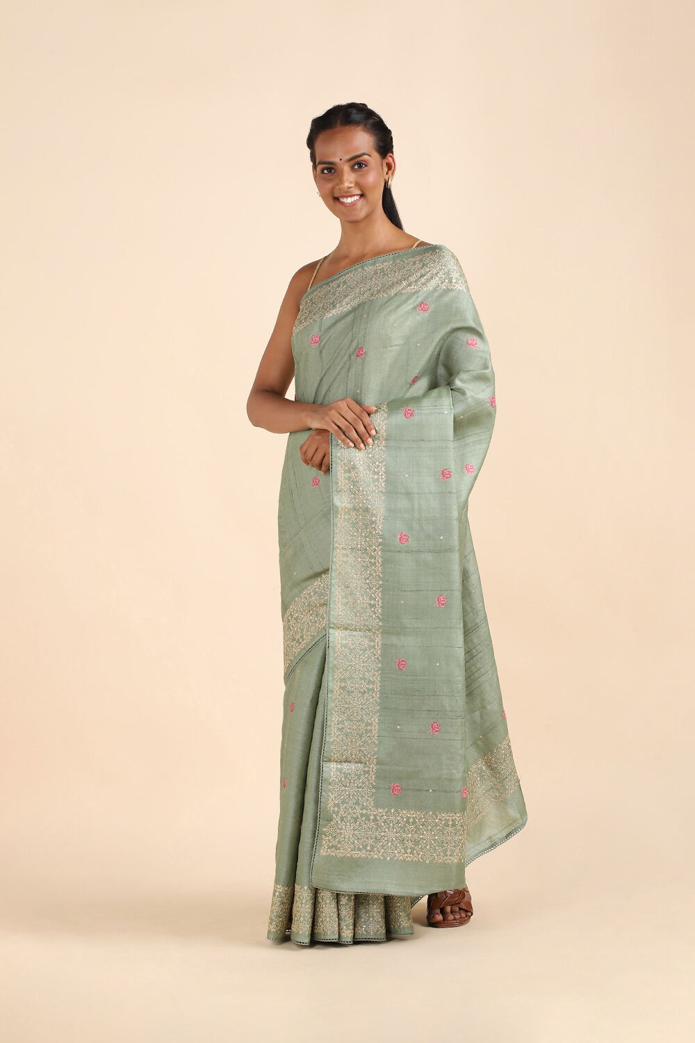 Grey Pure Tussar Silk Embroidered Saree image number null