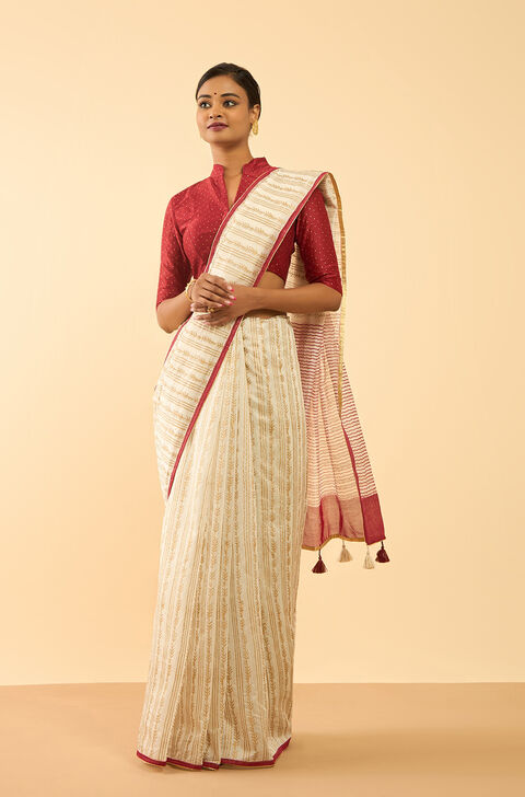 Off White Block Printed Pure Silk Cotton Saree