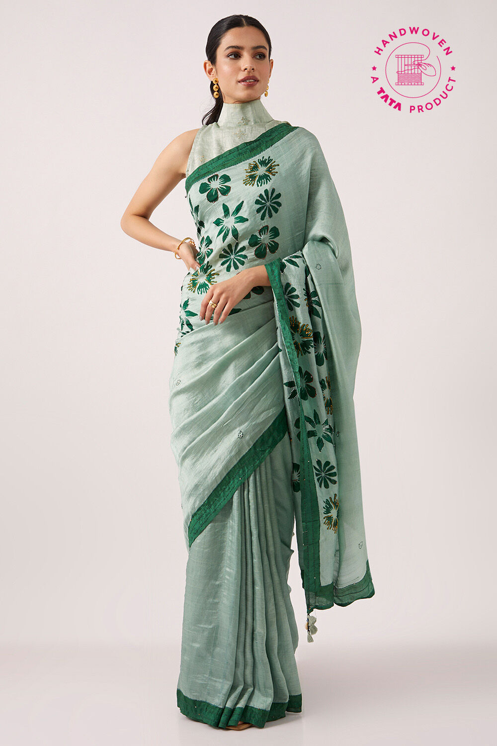 Light Green Pure Silk Hand Paint Saree image number null