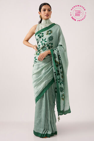 Light Green Pure Silk Hand Paint Saree image number