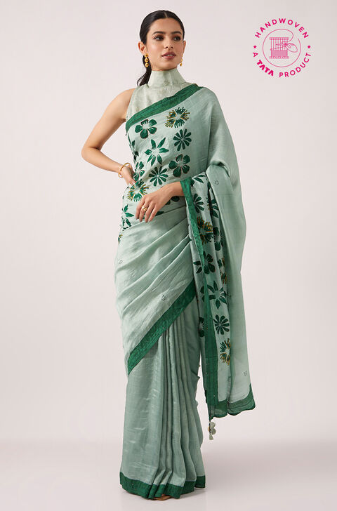 Light Green Pure Silk Hand Paint Saree